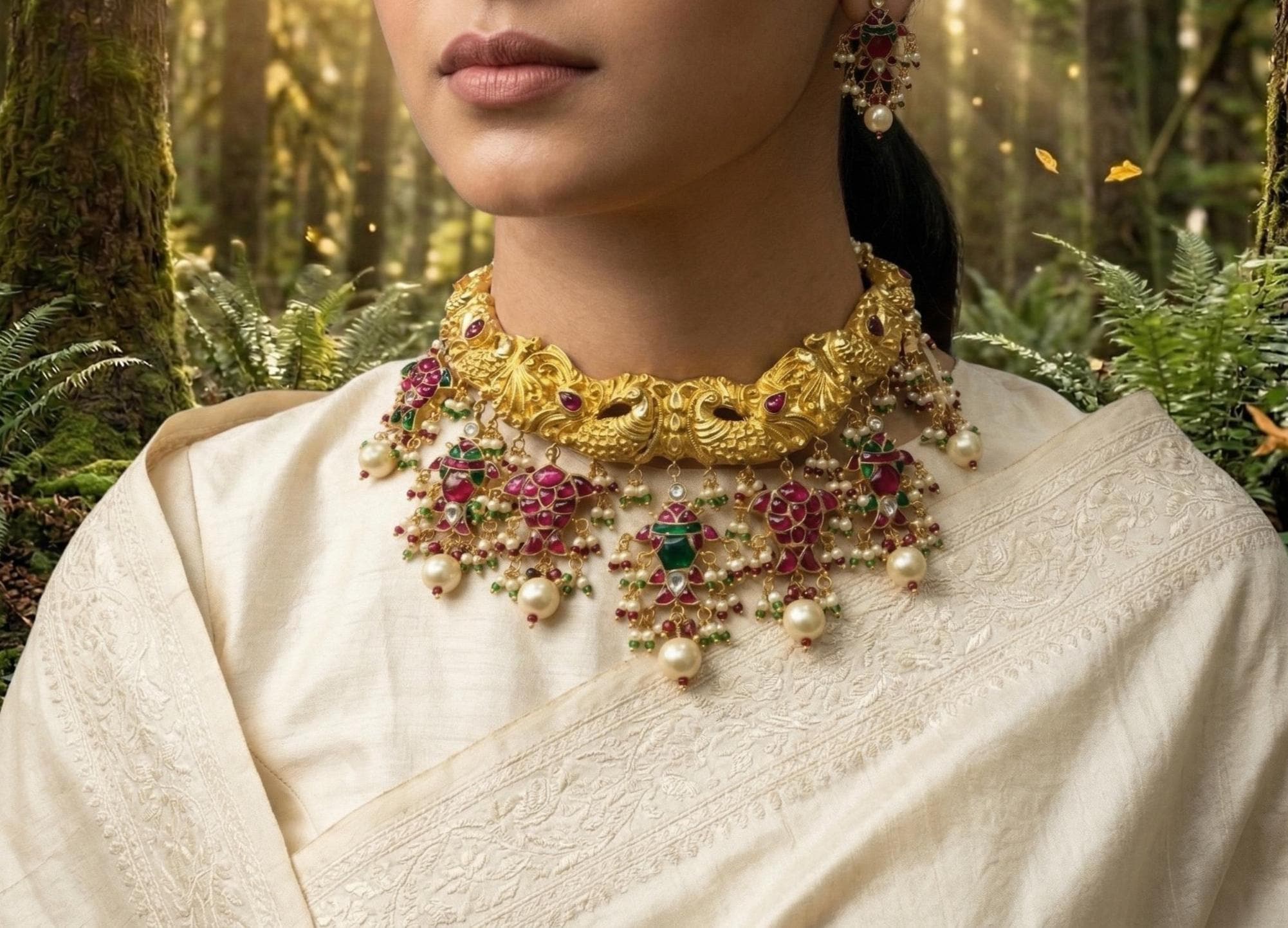 925 Sterling Silver Mughal Jadau Necklace Set, Ruby Emerald Pearl Meenakari Peacock Fish Motif