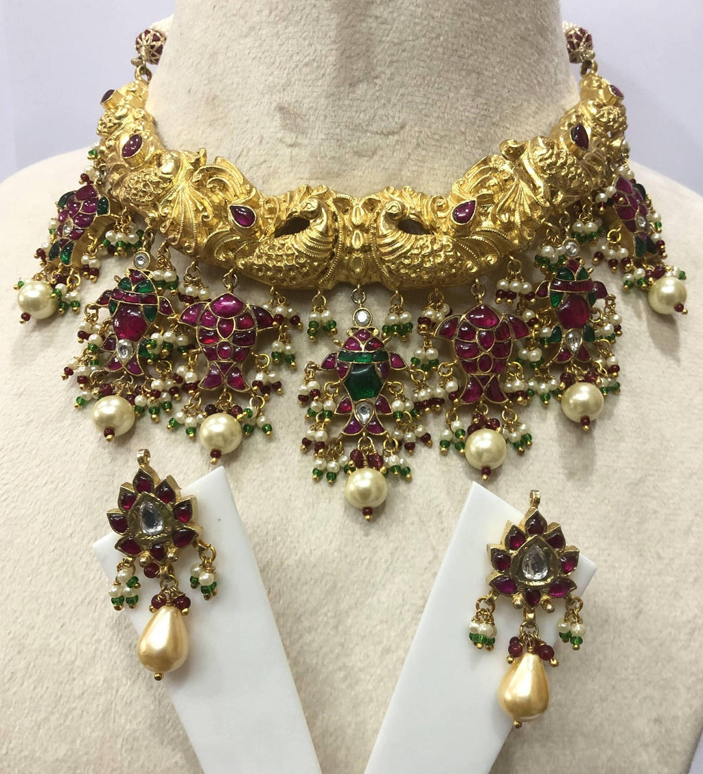 22kt Silver Mughal Jadau Necklace Set, Ruby Emerald Pearl Meenakari Peacock Fish Motif