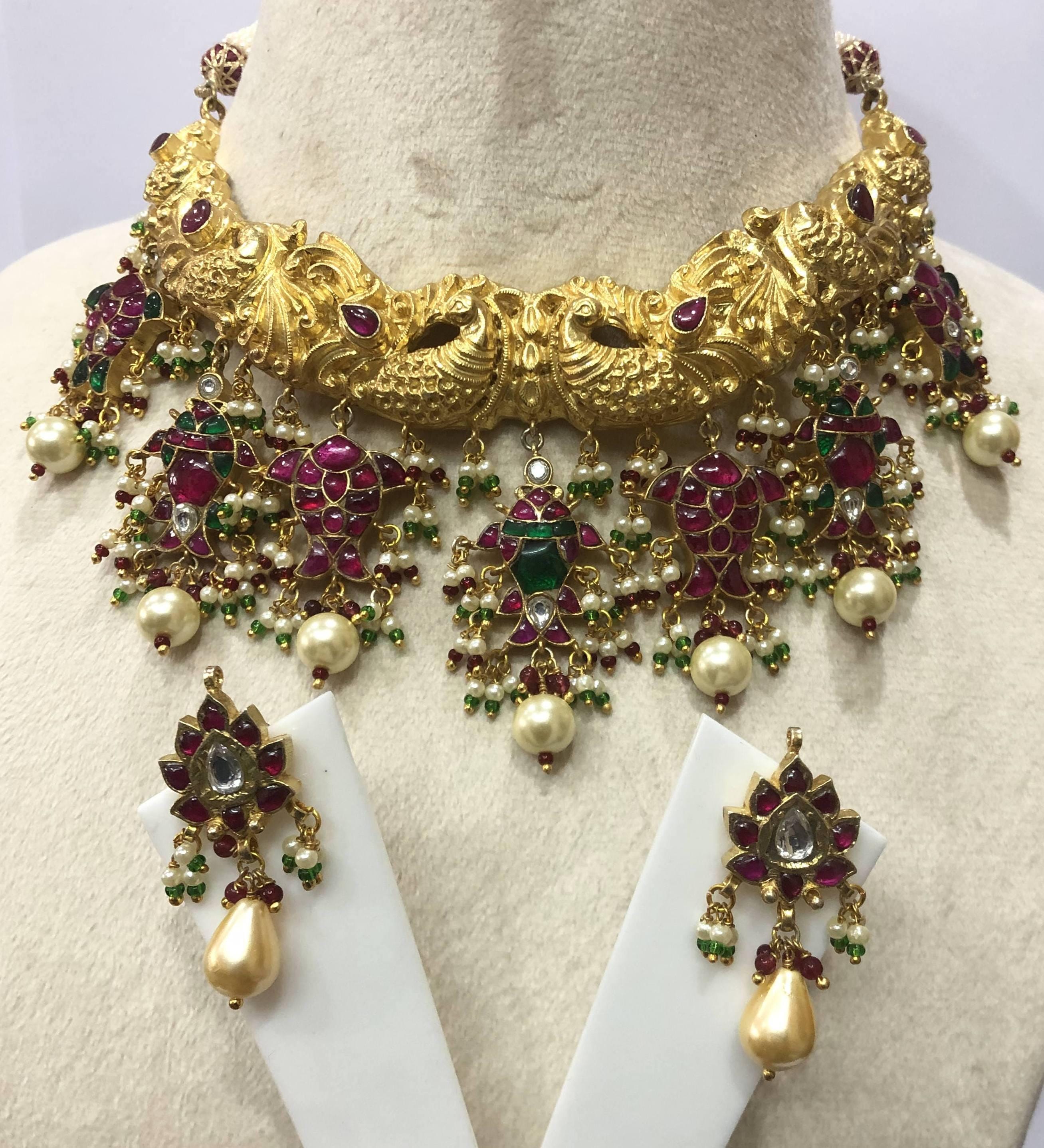 925 Sterling Silver Mughal Jadau Necklace Set, Ruby Emerald Pearl Meenakari Peacock Fish Motif