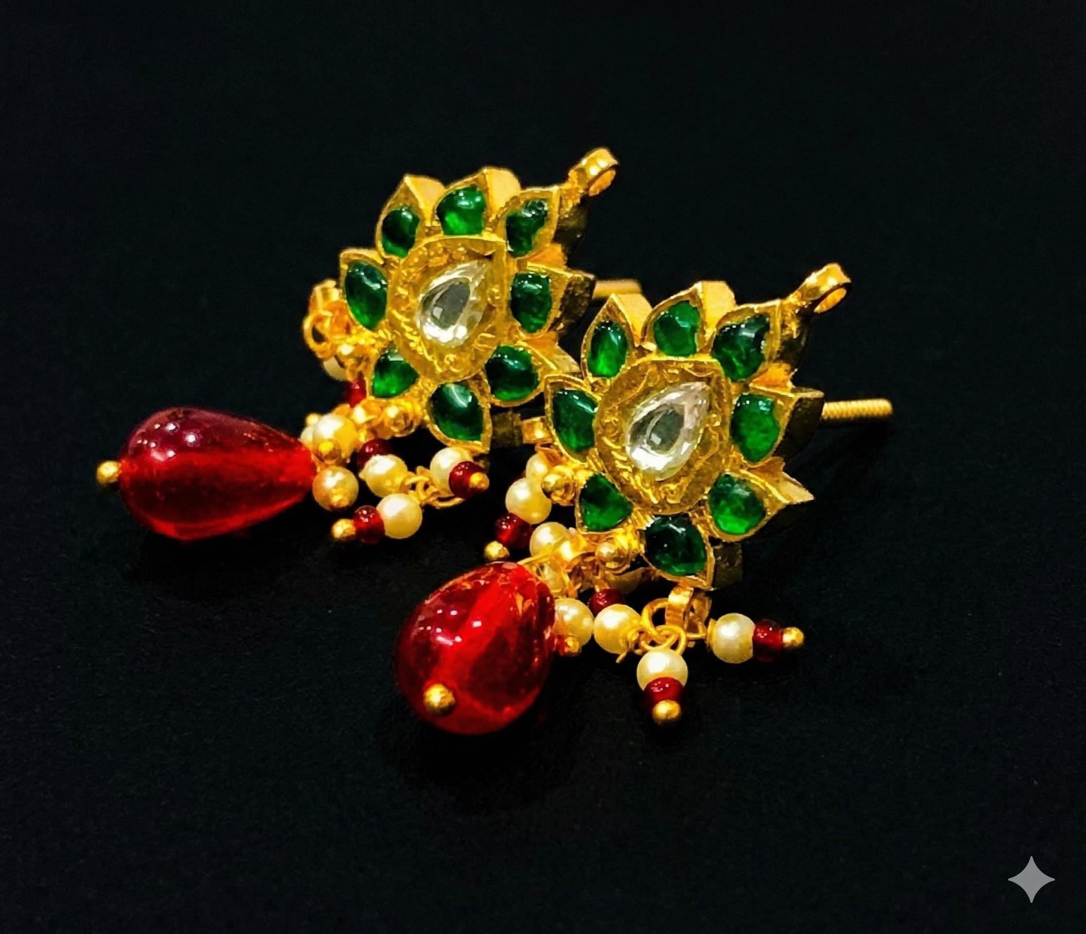 22kt Silver Polki Diamond Meenakari Drop Earrings, Indian Wedding Heritage Jewelry