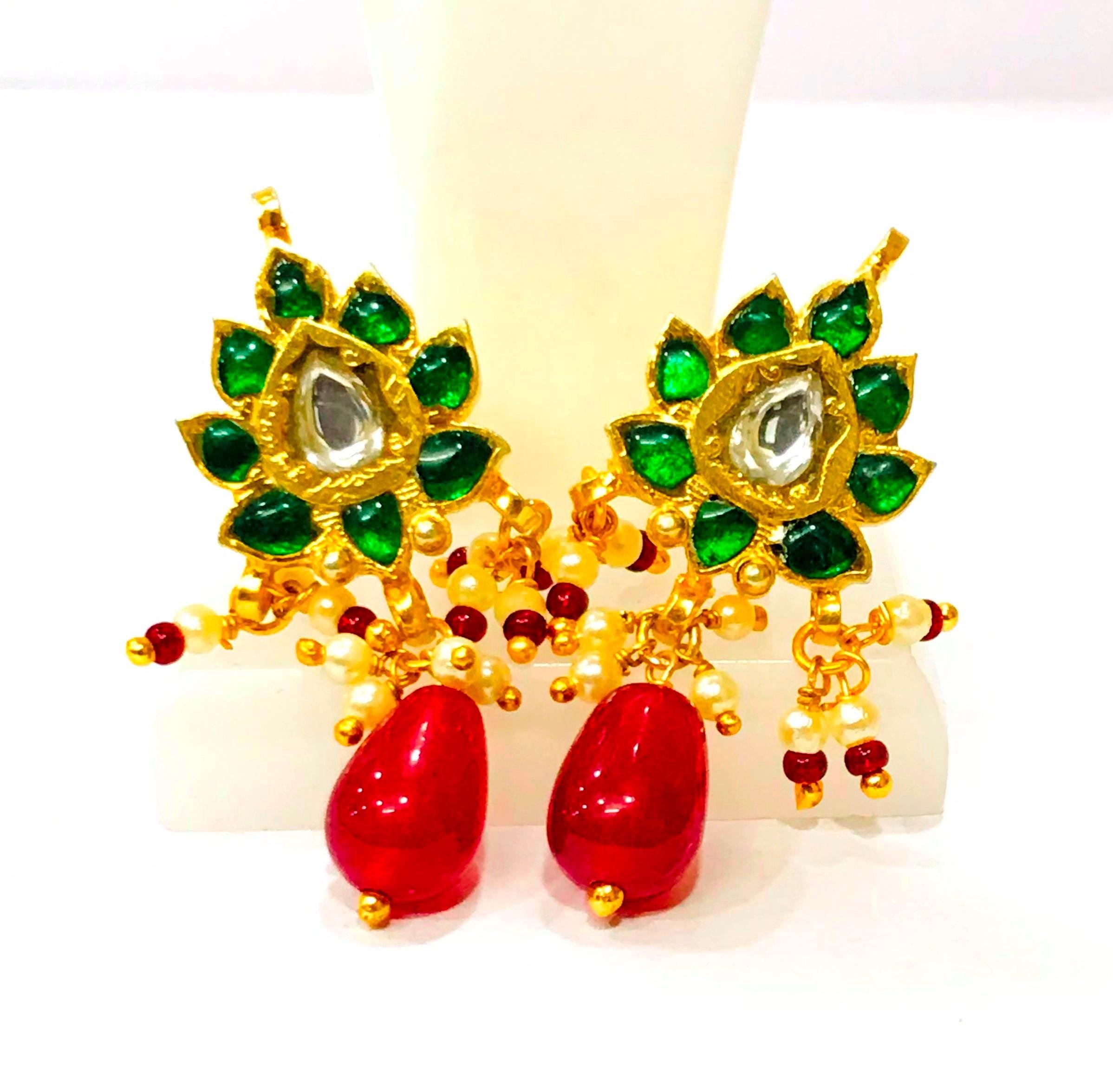 925 Sterling Silver Polki Diamond Meenakari Drop Earrings, Indian Wedding Heritage Jewelry