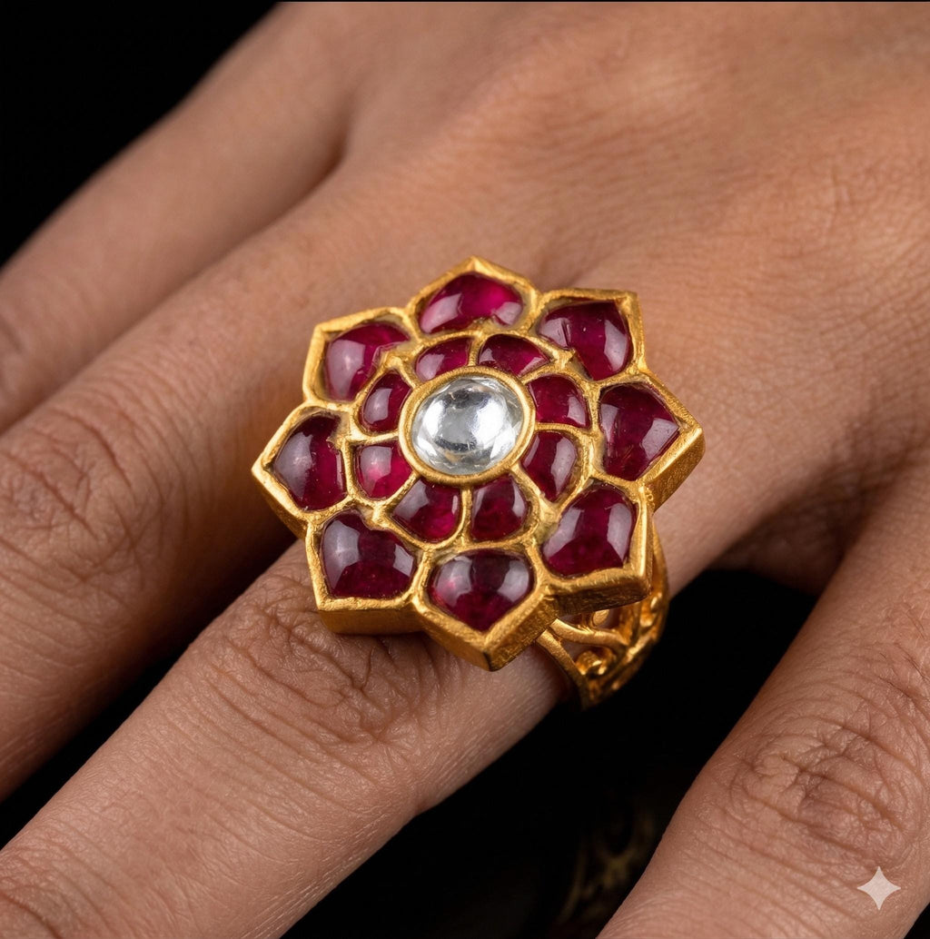 22kt Silver Polki Meenakari Floral Ring, Handmade Indian Wedding Jewelry