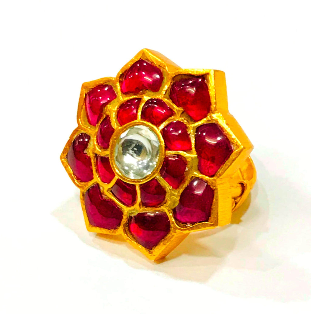 22kt Silver Polki Meenakari Floral Ring, Handmade Indian Wedding Jewelry