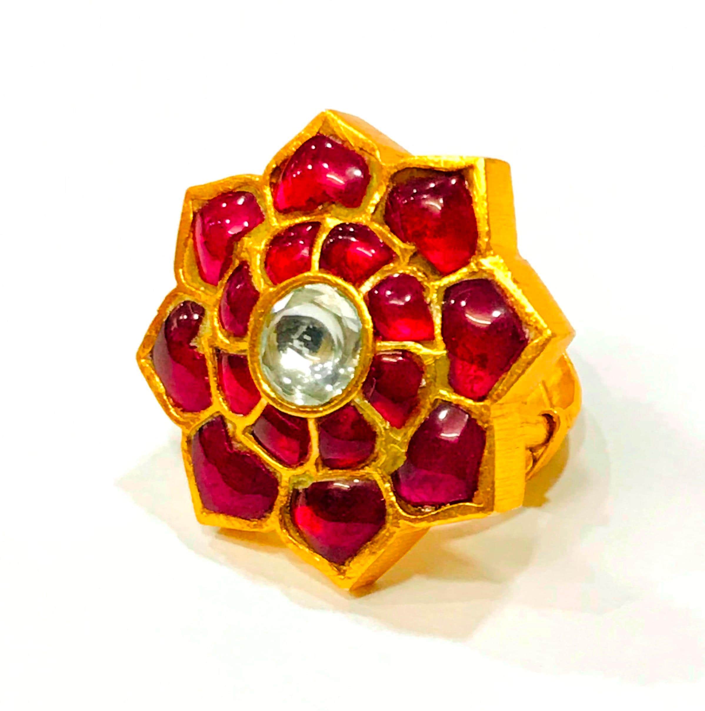 22kt Silver Polki Meenakari Floral Ring, Handmade Indian Wedding Jewelry