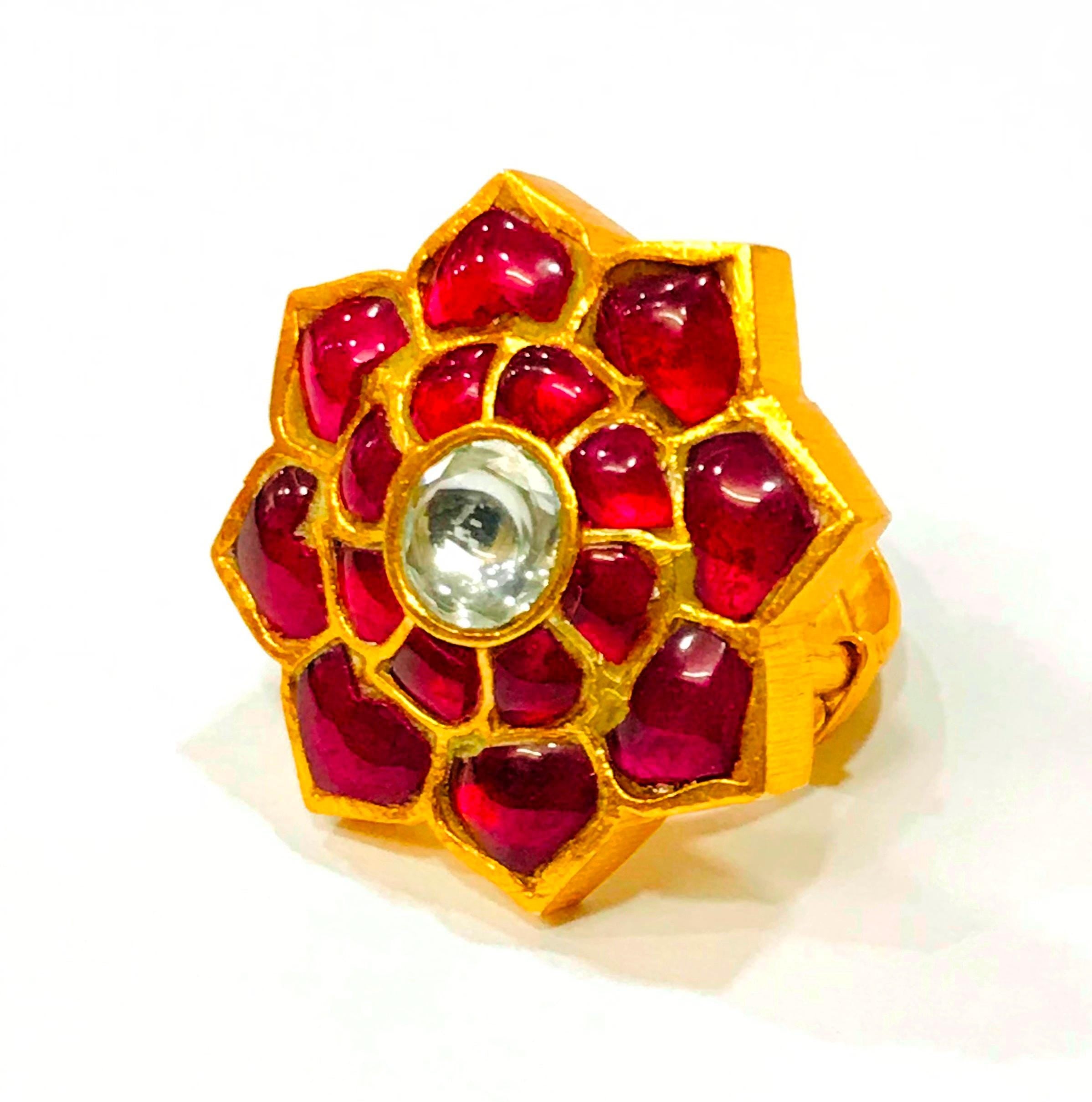 925 Sterling Silver Polki Meenakari Floral Ring, Handmade Indian Wedding Jewelry