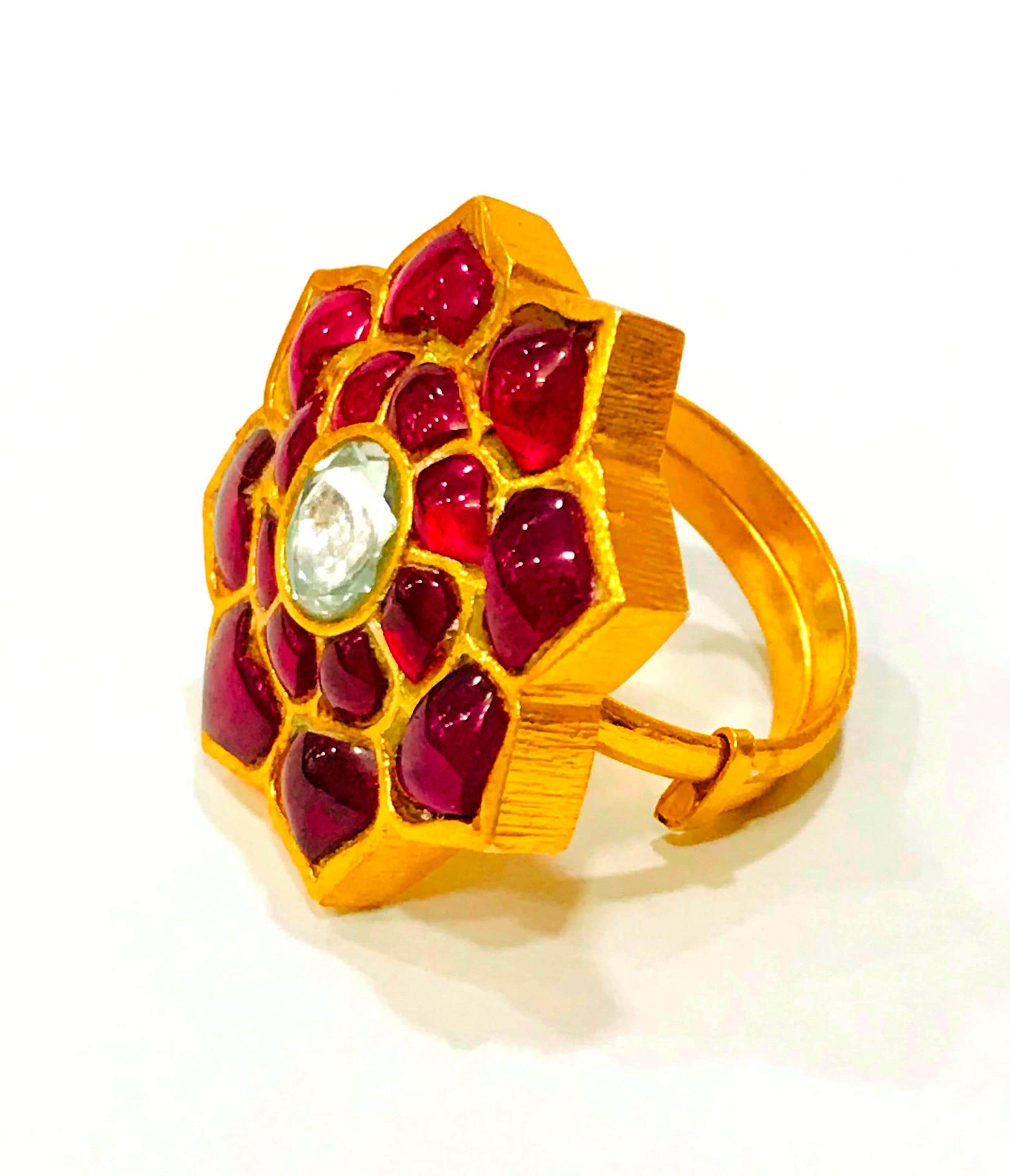 925 Sterling Silver Polki Meenakari Floral Ring, Handmade Indian Wedding Jewelry