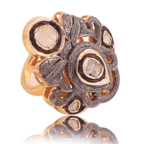 Victorian Diamond Polki Rosecut Diamond Ring, 925 Sterling Silver Statement