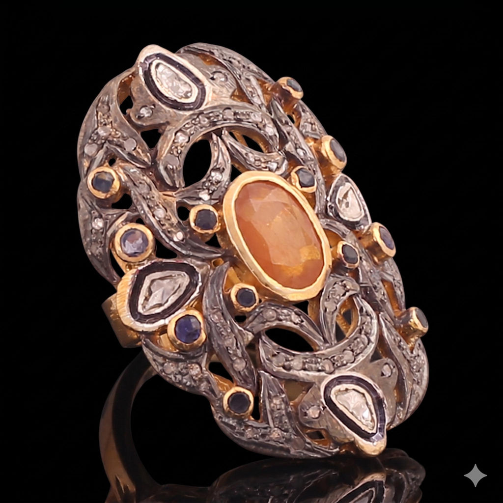 Traditional Rosecut Diamond, Polki Ring, Blue & Yellow Sapphire 18k Silver Victorian Statement Ring