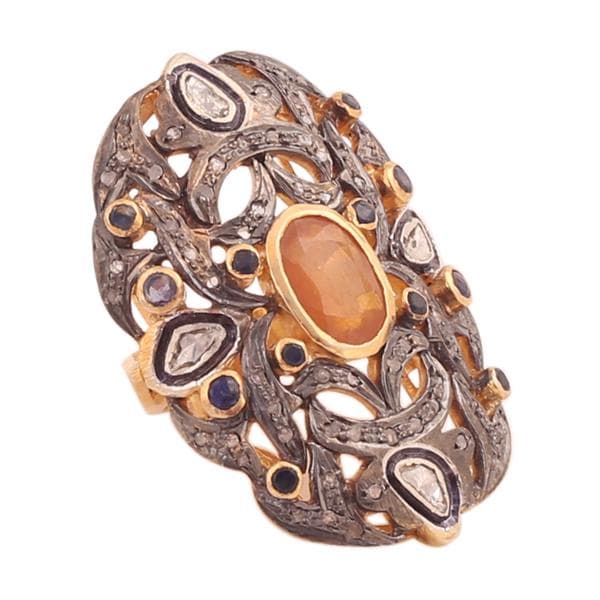 Traditional Rosecut Diamond, Polki Ring, Blue & Yellow Sapphire 925 Sterling Silver Victorian Statement Ring