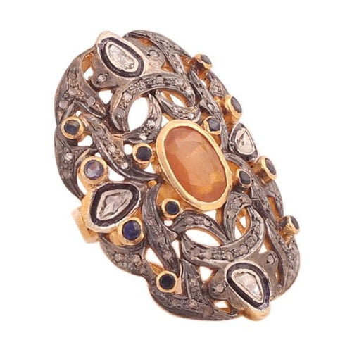 Traditional Rosecut Diamond, Polki Ring, Blue & Yellow Sapphire 925 Sterling Silver Victorian Statement Ring