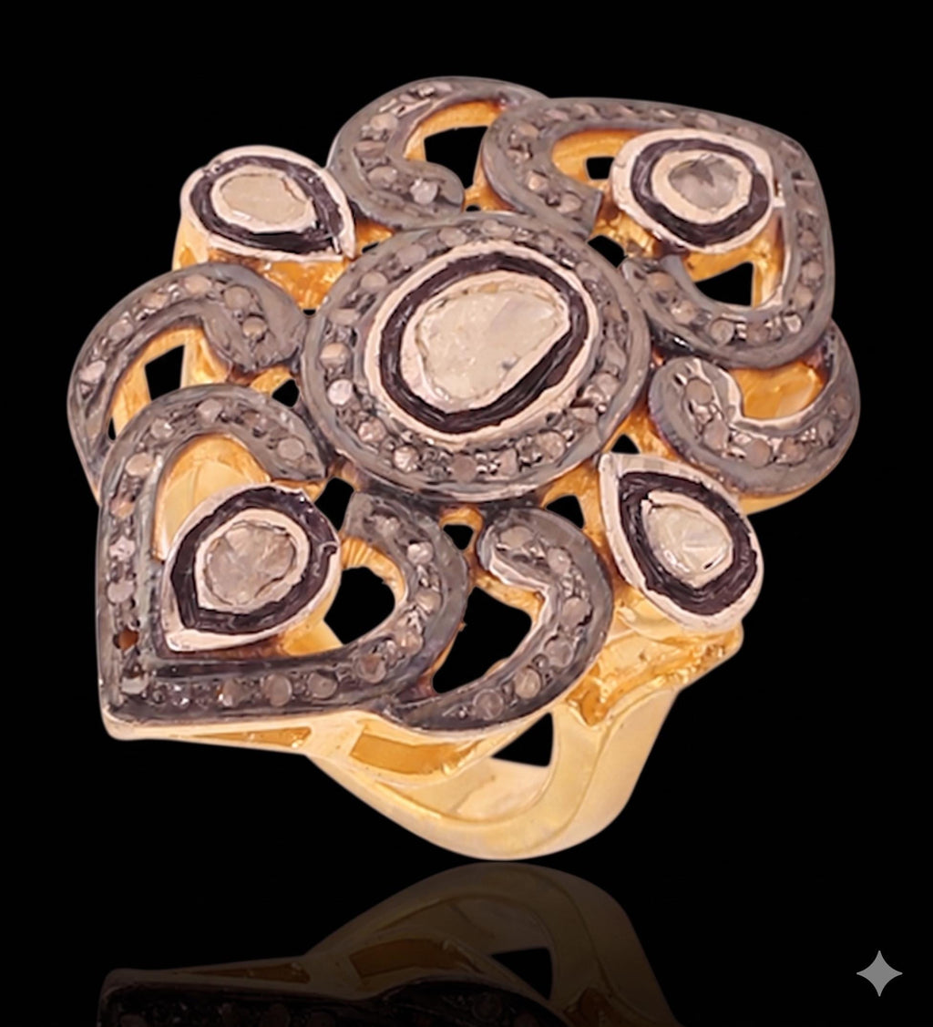 Victorian 18k Silver Rosecut Diamond Polki Statement Ring