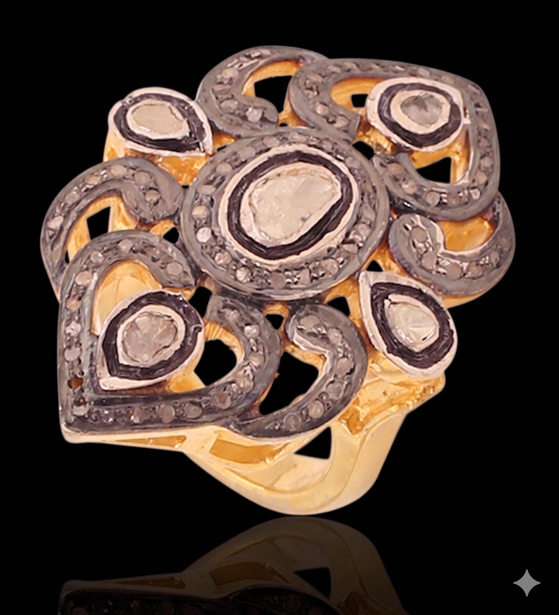 Victorian 18k Silver Rosecut Diamond Polki Statement Ring