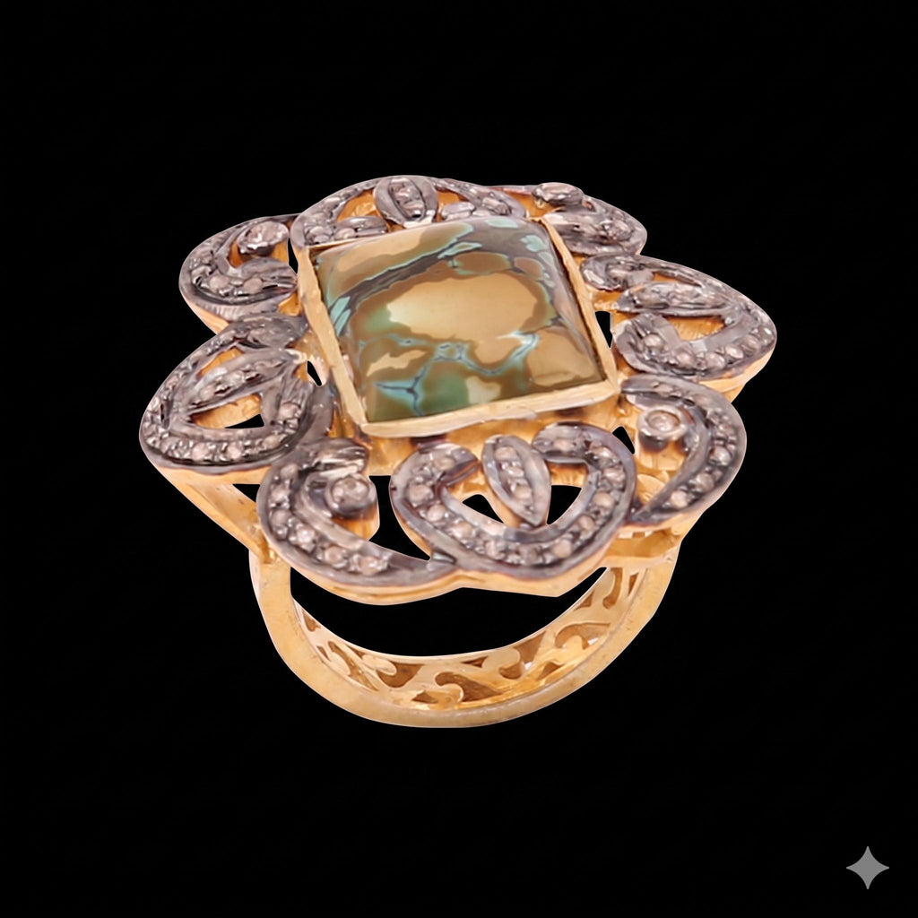 Attractive Turquoise & Diamond Polki Ring, 18k Silver, Sterling Silver Victorian Statement Ring