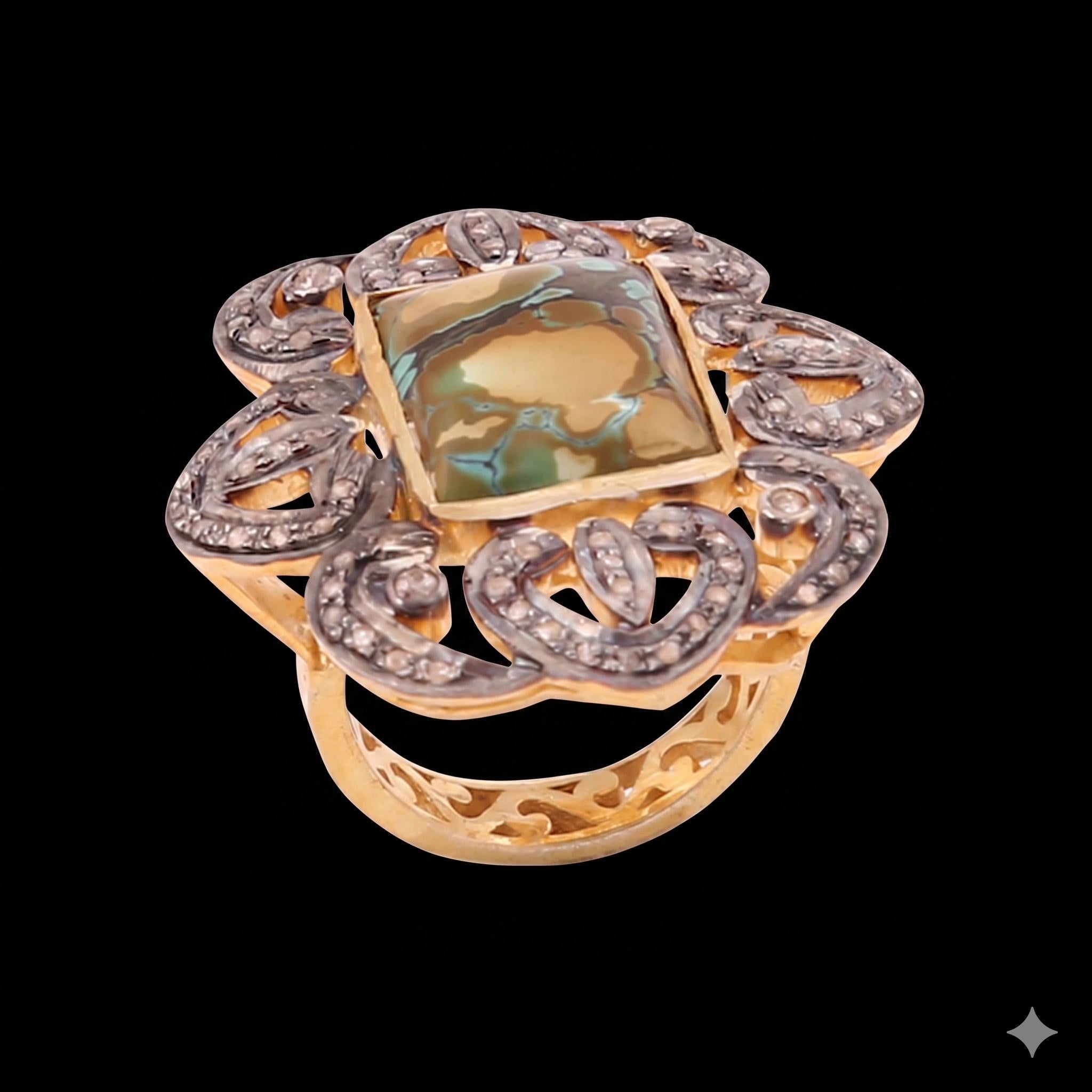 Attractive Turquoise & Diamond Polki Ring, 18k Silver, Sterling Silver Victorian Statement Ring