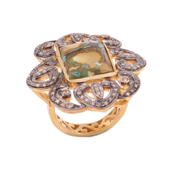 Attractive Turquoise & Diamond Polki Ring, 925 Sterling Silver Victorian Statement Ring
