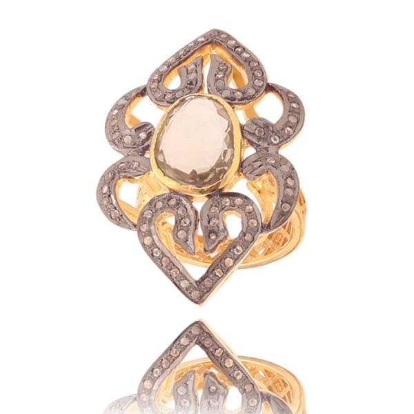 Exclusive Citrine & Diamond Polki Ring, 925 Sterling Silver Victorian Designing Ring