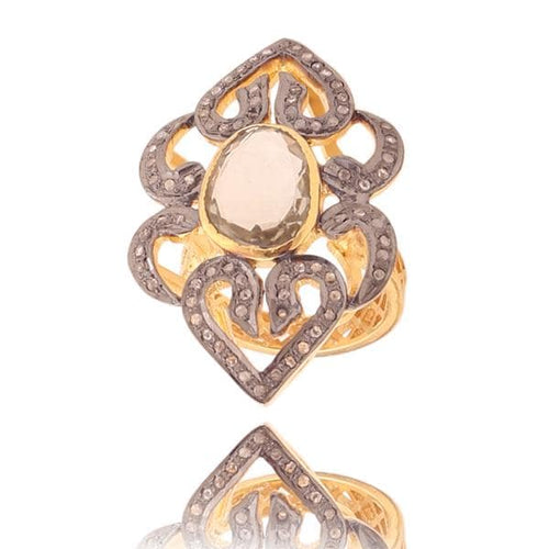 Exclusive Citrine & Diamond Polki Ring, 925 Sterling Silver Victorian Designing Ring