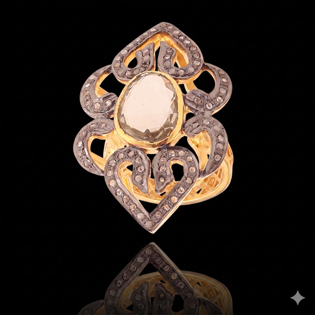 Exclusive Citrine & Diamond Polki Ring, 18k Silver,Sterling Silver Victorian Designing Ring