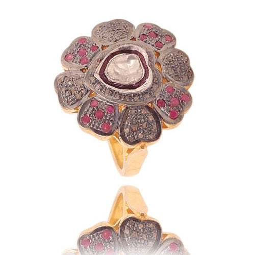Attractive Ruby & Diamond Polki Ring, 18k Silver, Sterling Silver Fashionable Victorian Statement Ring