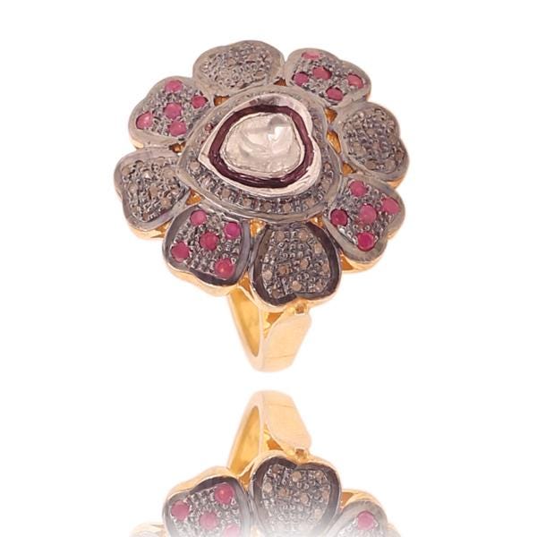 Attractive Ruby & Diamond Polki Ring, 925 Sterling Silver Fashionable Victorian Statement Ring