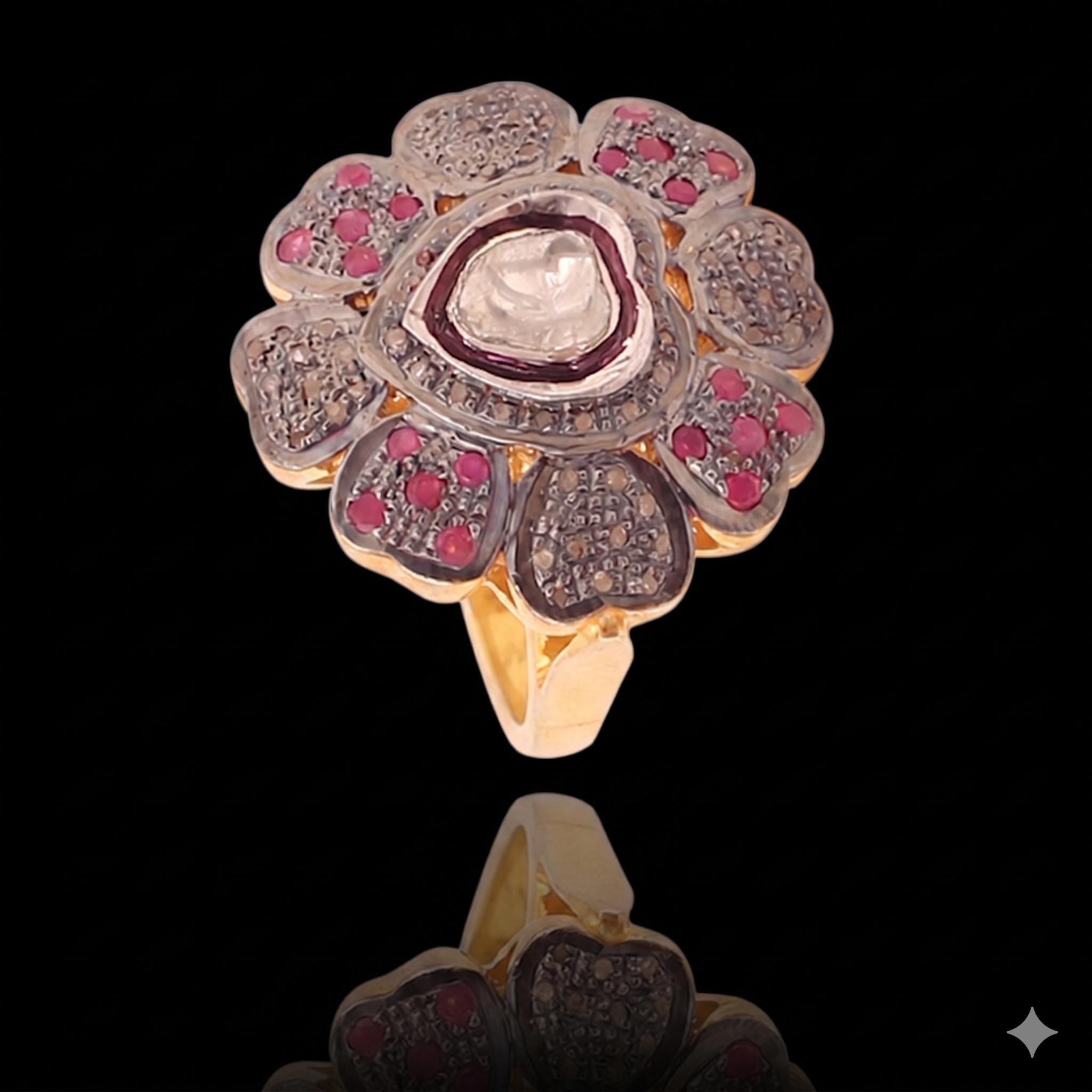 Attractive Ruby & Diamond Polki Ring, 18k Silver, Sterling Silver Fashionable Victorian Statement Ring