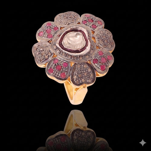 Attractive Ruby & Diamond Polki Ring, 18k Silver, Sterling Silver Fashionable Victorian Statement Ring