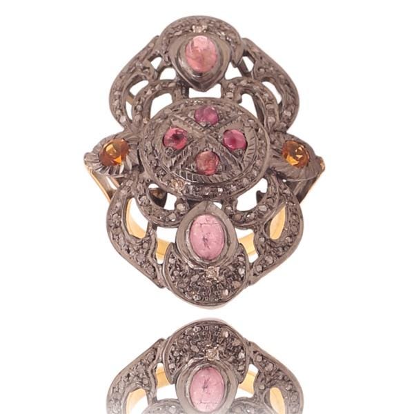 Yellow Sapphire and Ruby Polki Ring, 925 Sterling Silver Fashionable Victorian Statement Ring