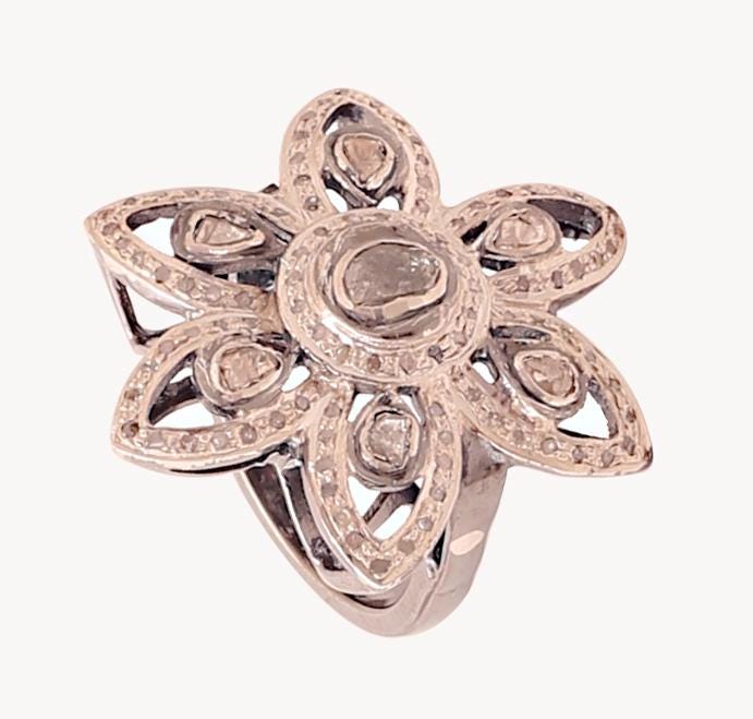 Victorian Rosecut Diamond Polki Ring, 925 Sterling Silver, Jadau Artistry
