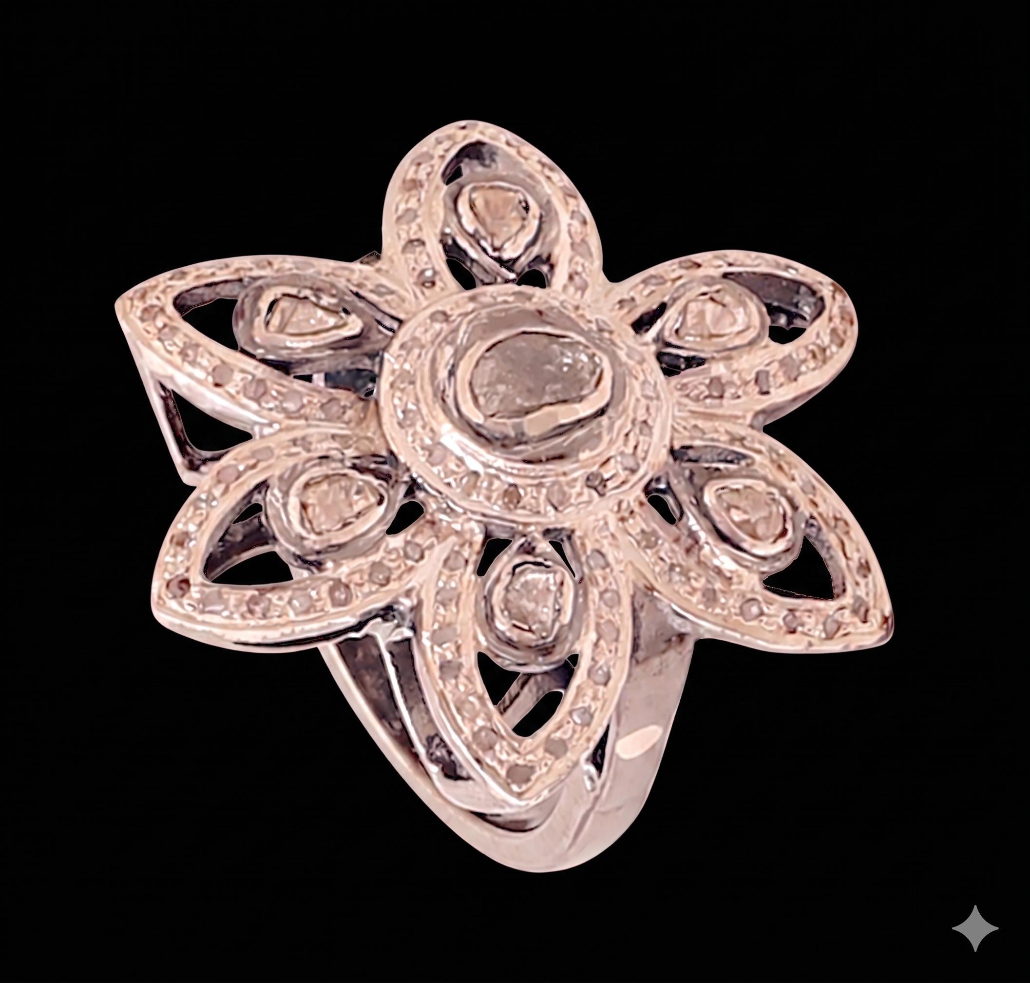 Victorian Rosecut Diamond Polki Ring, 18k Silver Sterling Silver, Jadau Artistry
