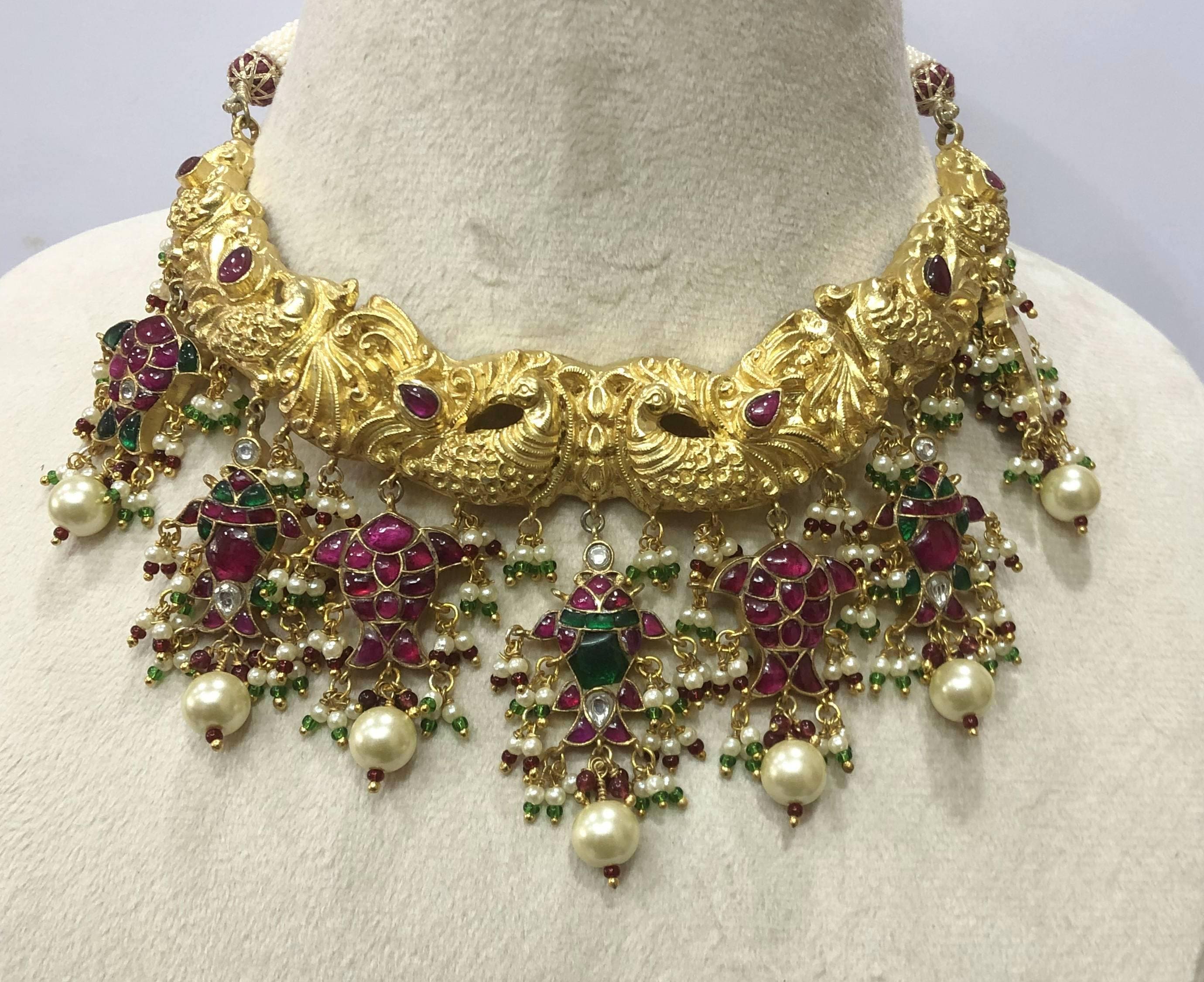 925 Sterling Silver Mughal Jadau Necklace Set, Ruby Emerald Pearl Meenakari Peacock Fish Motif