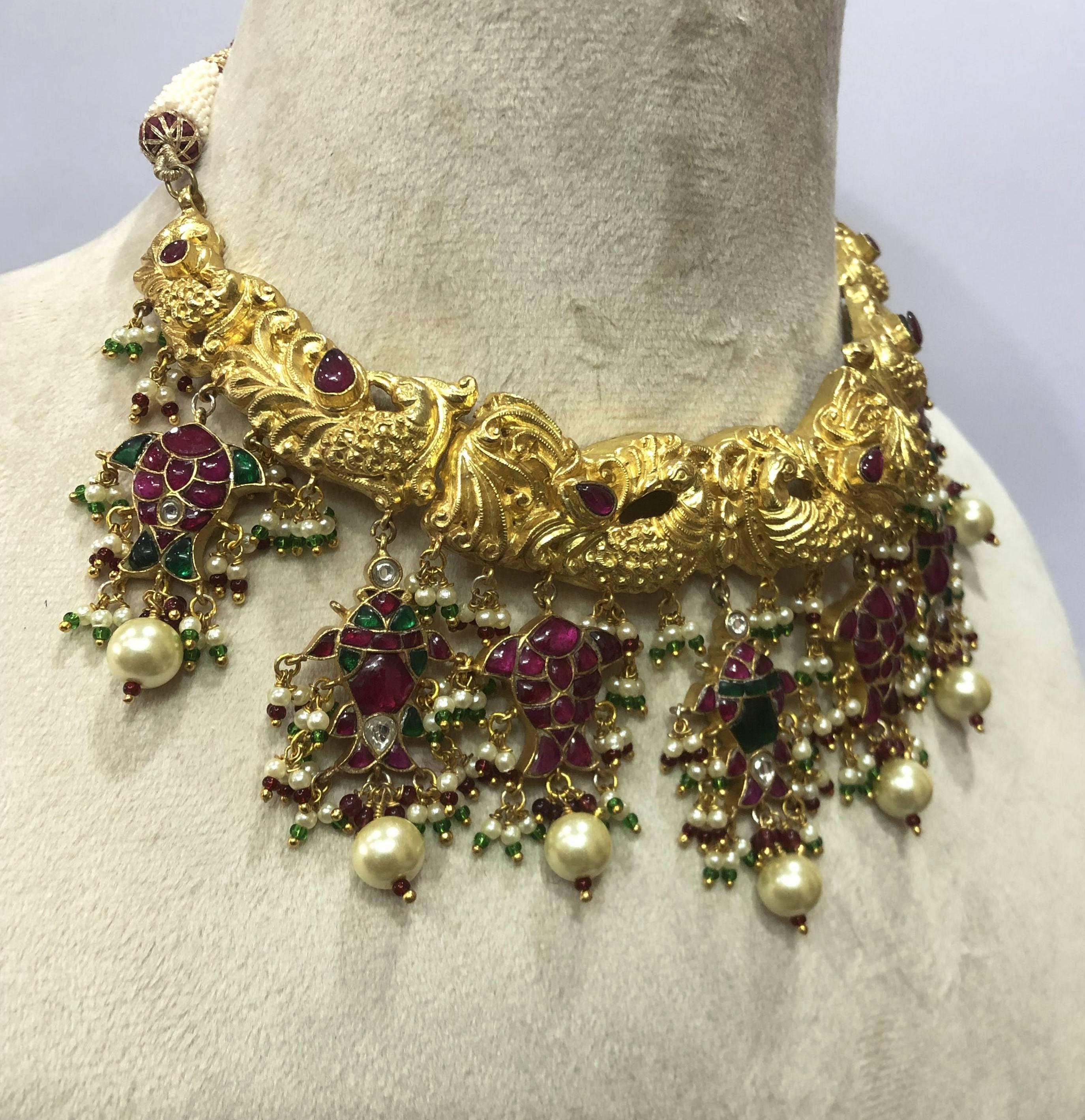 925 Sterling Silver Mughal Jadau Necklace Set, Ruby Emerald Pearl Meenakari Peacock Fish Motif