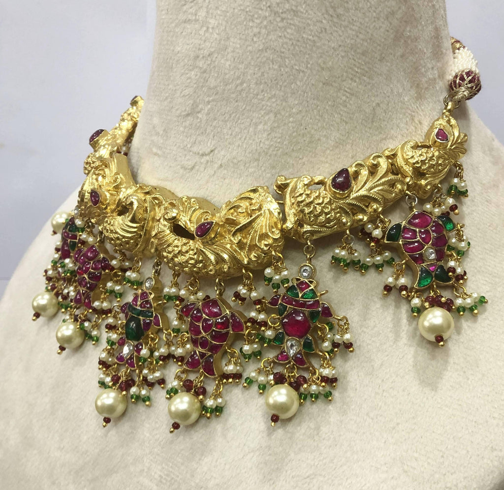 22kt Silver Mughal Jadau Necklace Set, Ruby Emerald Pearl Meenakari Peacock Fish Motif