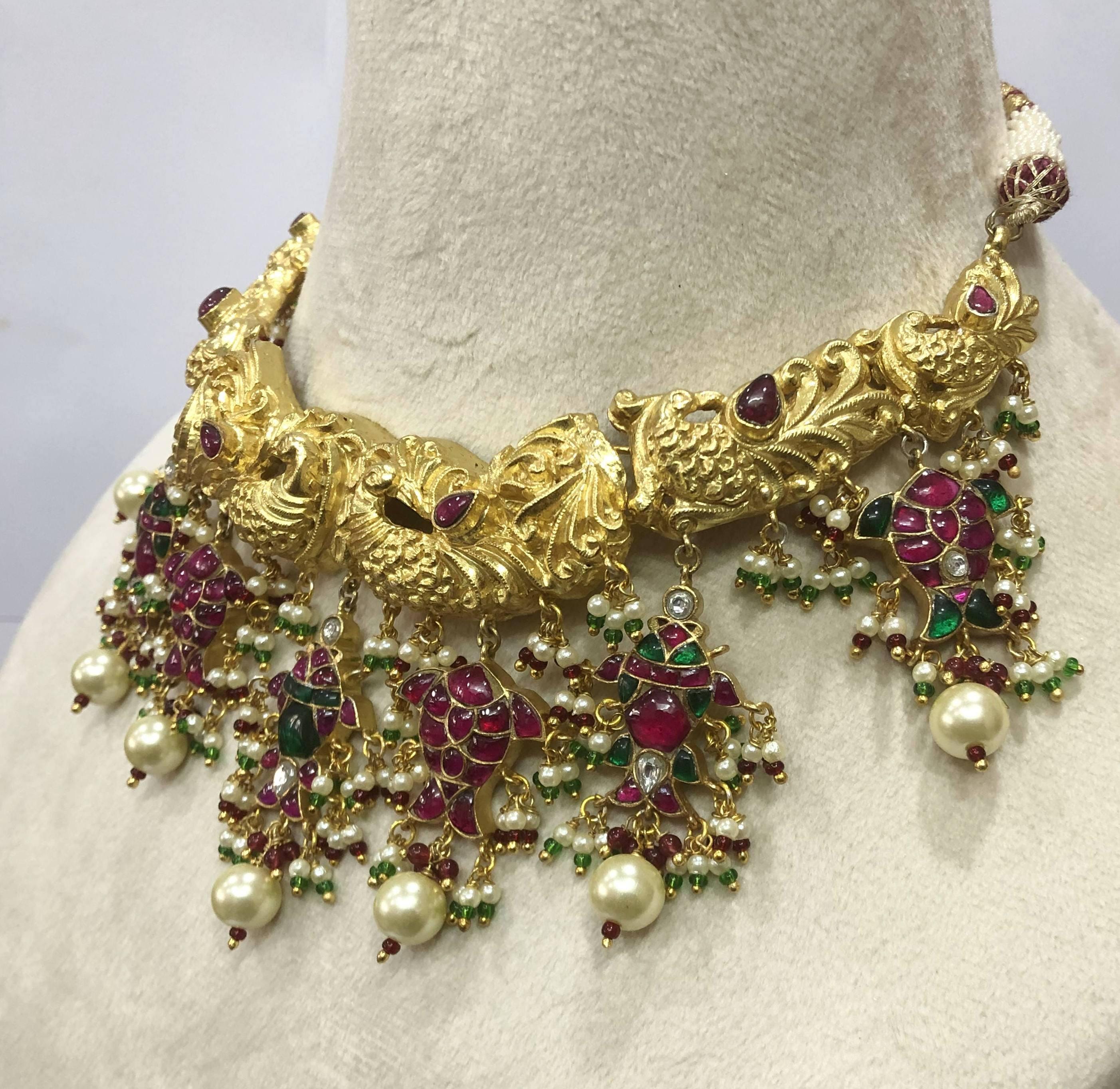 925 Sterling Silver Mughal Jadau Necklace Set, Ruby Emerald Pearl Meenakari Peacock Fish Motif