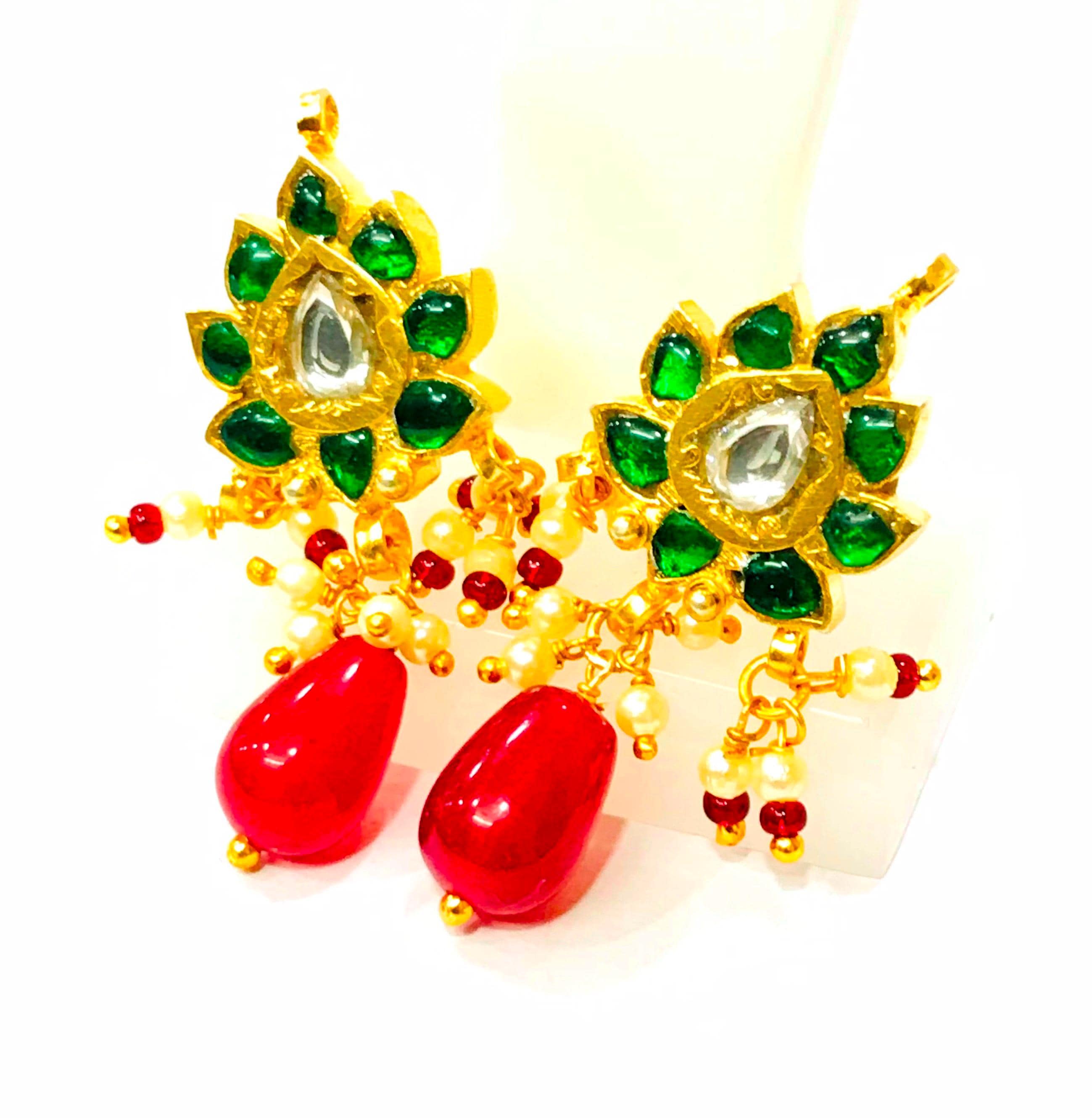 925 Sterling Silver Polki Diamond Meenakari Drop Earrings, Indian Wedding Heritage Jewelry