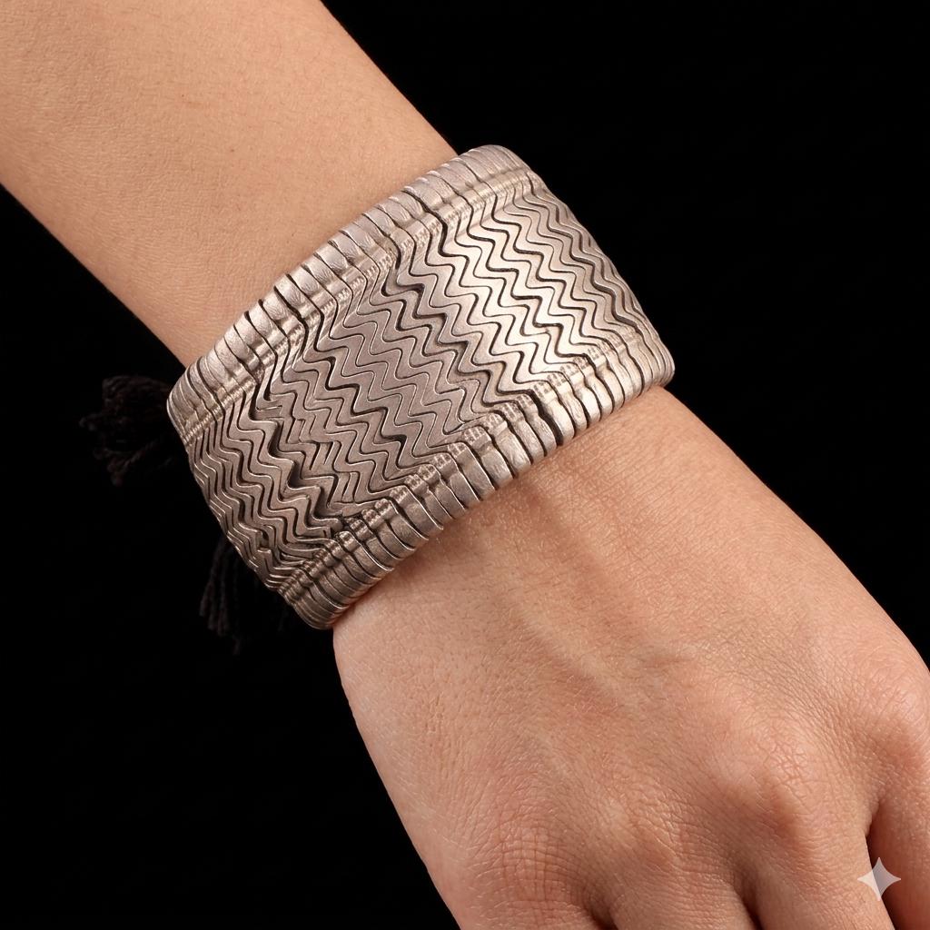 Antique Handmade Solid Sterling Silver Hand Cuff, Victorian Style Artisan Bracelet