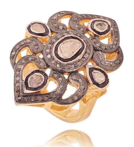 Victorian 925 Sterling Silver Rosecut Diamond Polki Statement Ring