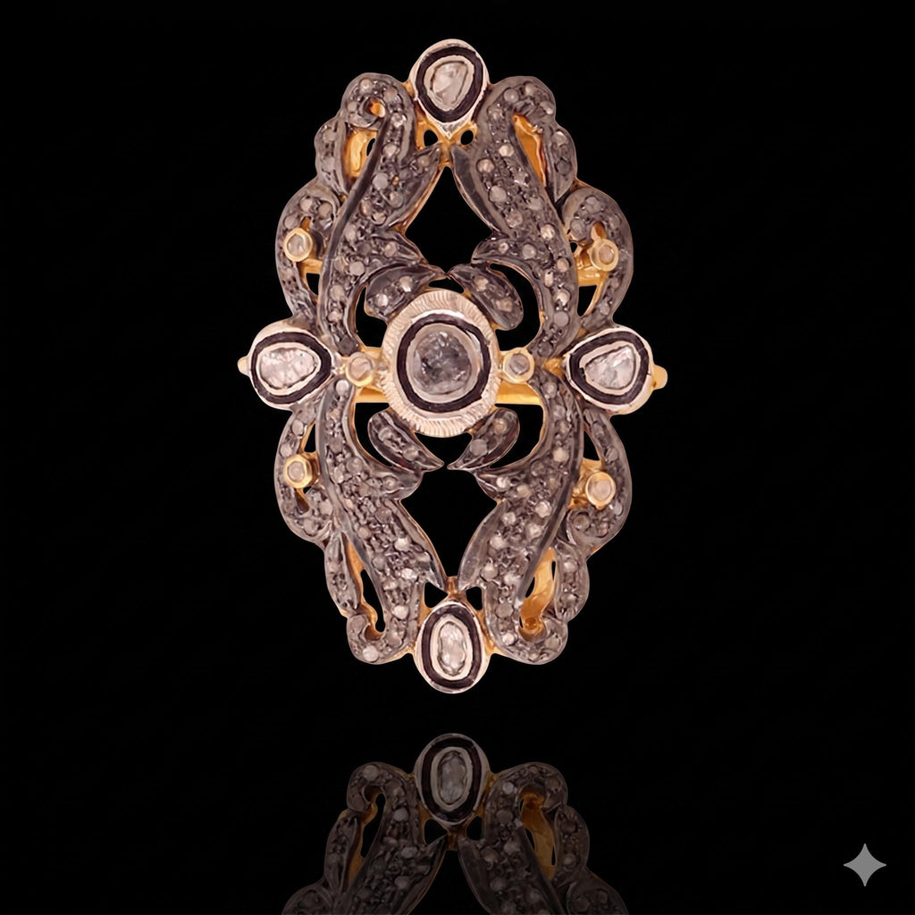 Victorian Rosecut Diamond Polki Ring, 18k Silver Sterling Silver, Jadau Artistry