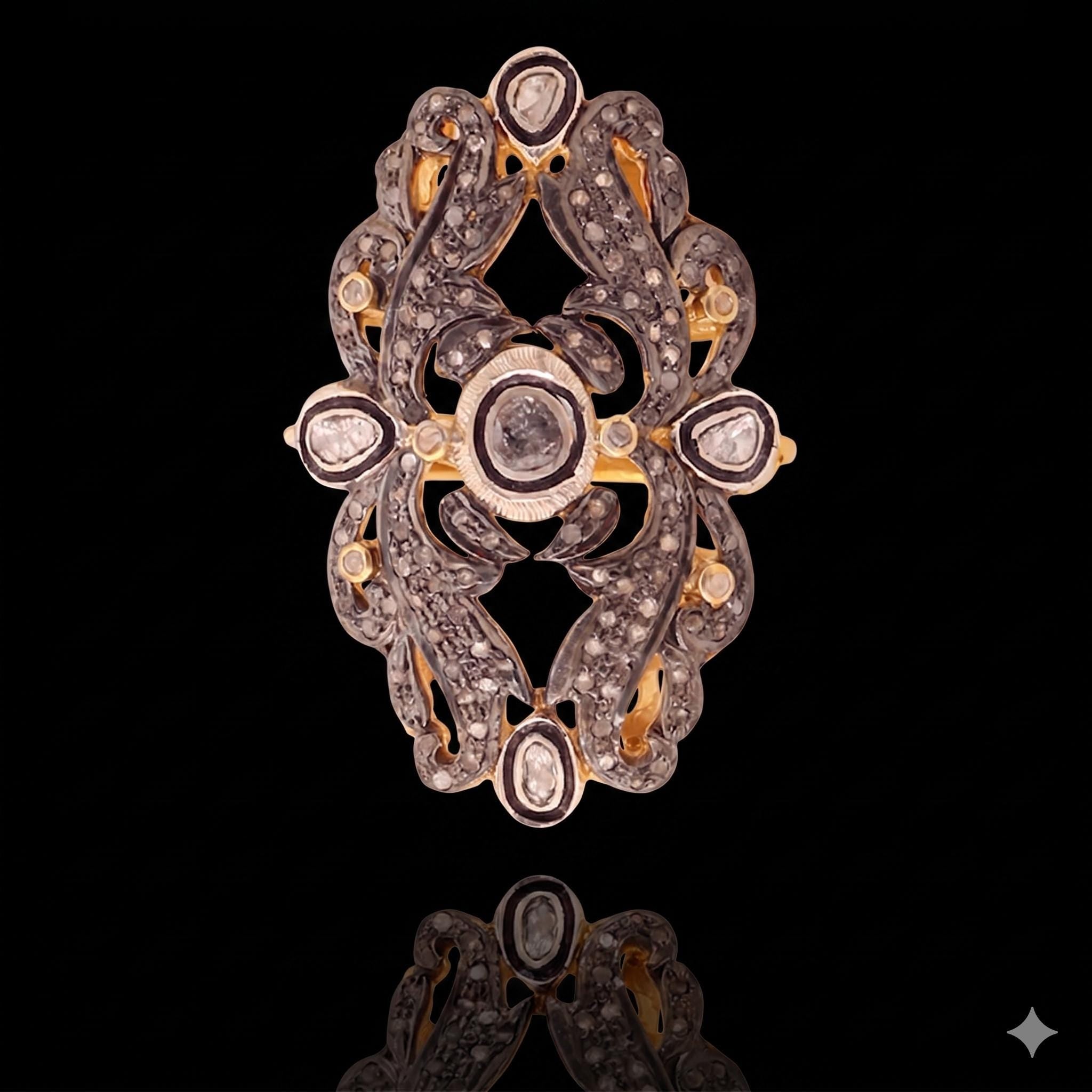Victorian Rosecut Diamond Polki Ring, 18k Silver Sterling Silver, Jadau Artistry