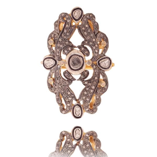 Victorian Rosecut Diamond Polki Ring, 925 Sterling Silver, Jadau Artistry
