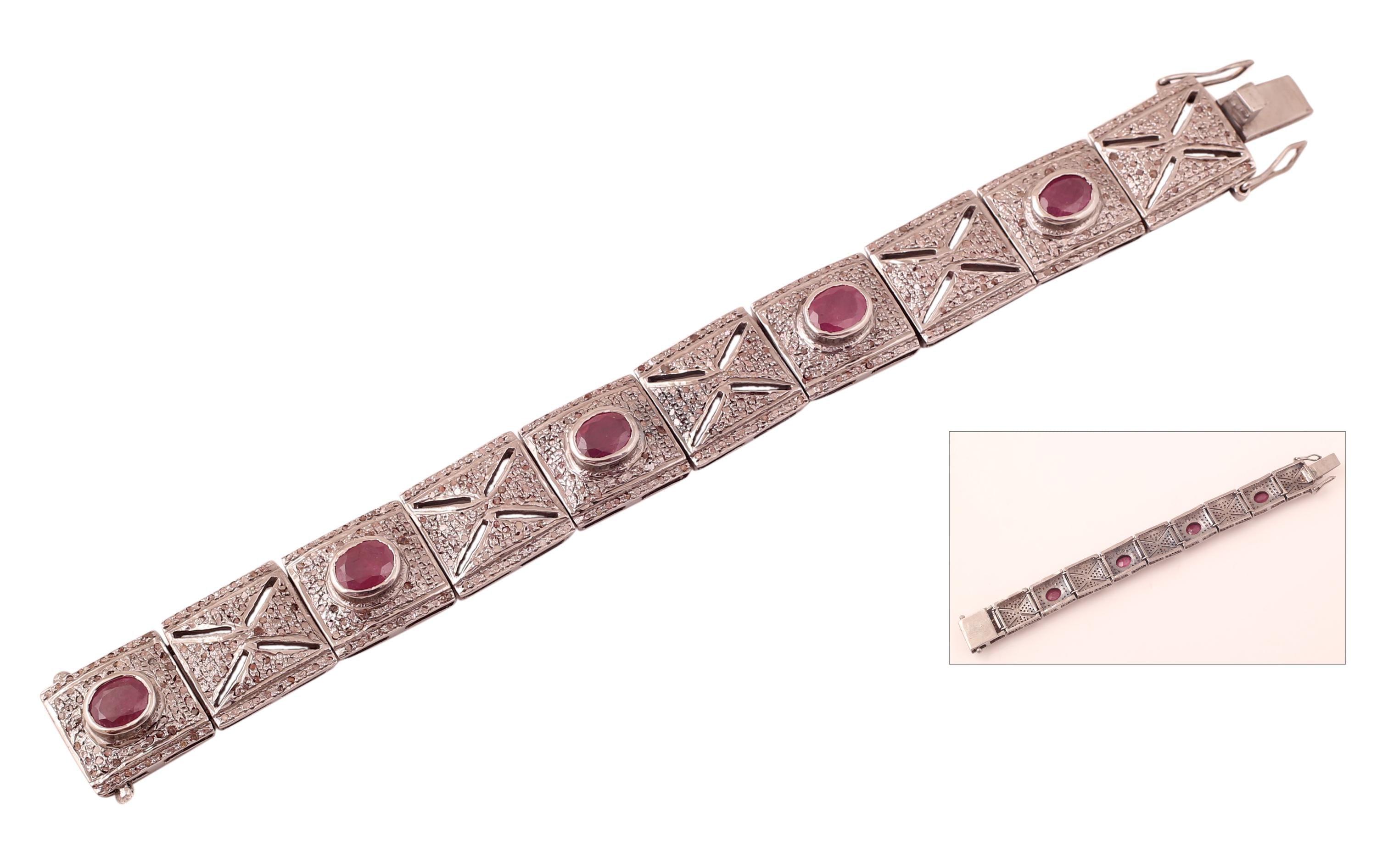 Victorian 925 Sterling Silver Ruby Bracelet, Natural Rosecut Diamond Statement Link Bracelet
