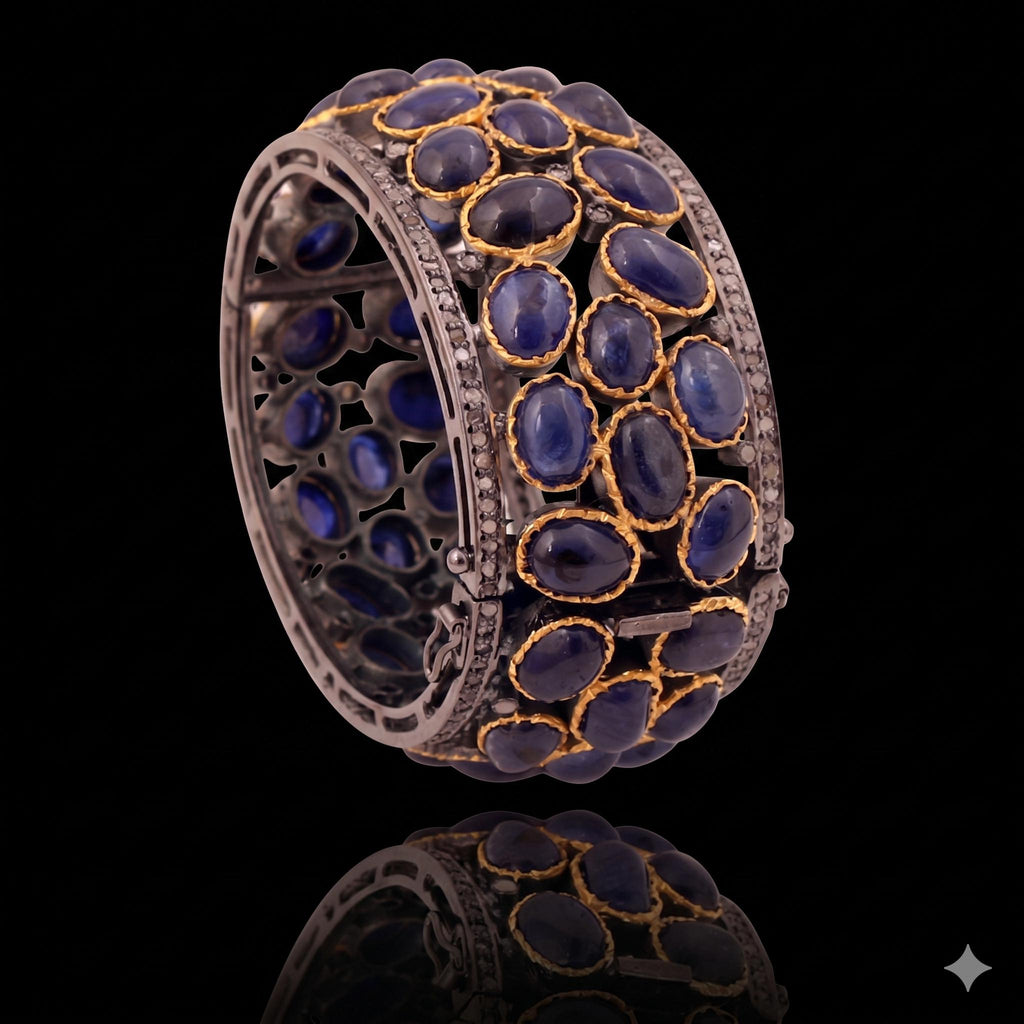 Handmade 18k Silver Blue Sapphire Bangle, Natural Rosecut Diamond Victorian Statement Bracelet