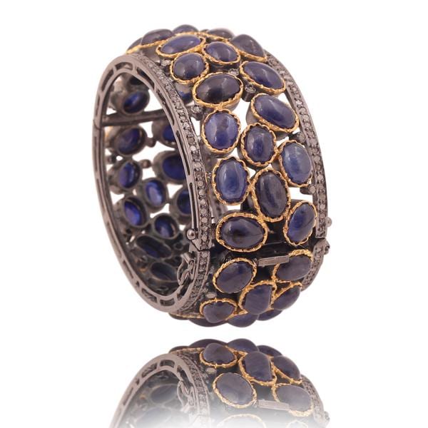 Handmade 925 Sterling Silver Blue Sapphire Bangle, Natural Rosecut Diamond Victorian Statement Bracelet