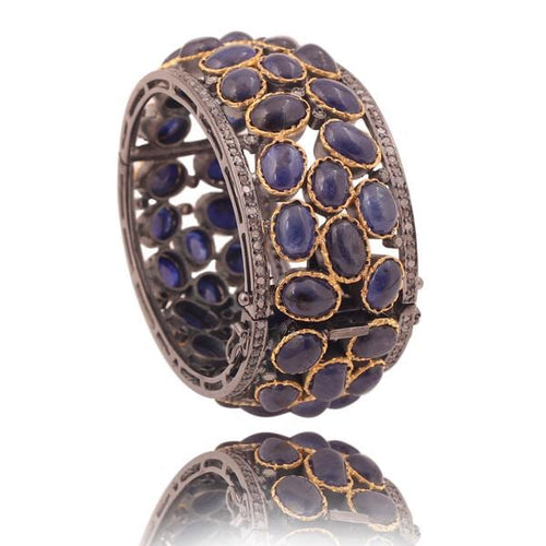 Handmade 925 Sterling Silver Blue Sapphire Bangle, Natural Rosecut Diamond Victorian Statement Bracelet