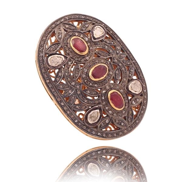 925 Sterling Silver Ruby Diamond Polki Ring, Victorian Sterling Silver Statement Jewelry