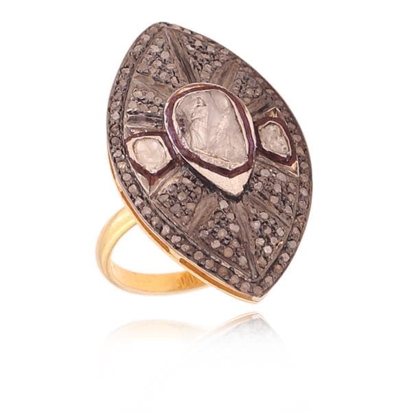 Victorian Statement Ring, Rosecut Diamond Polki, 925 Sterling Silver