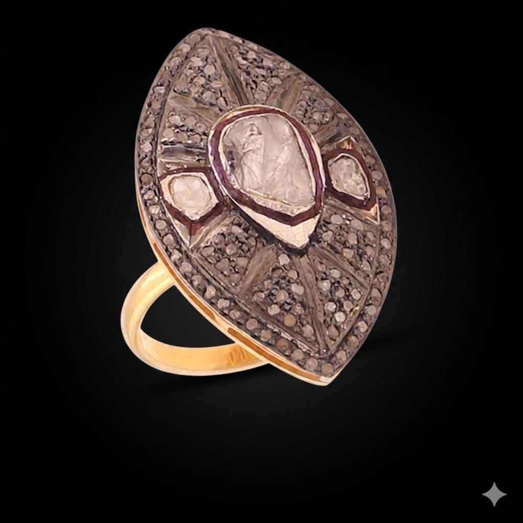 Victorian Statement Ring, Rosecut Diamond Polki, 18k Silver Sterling Silver