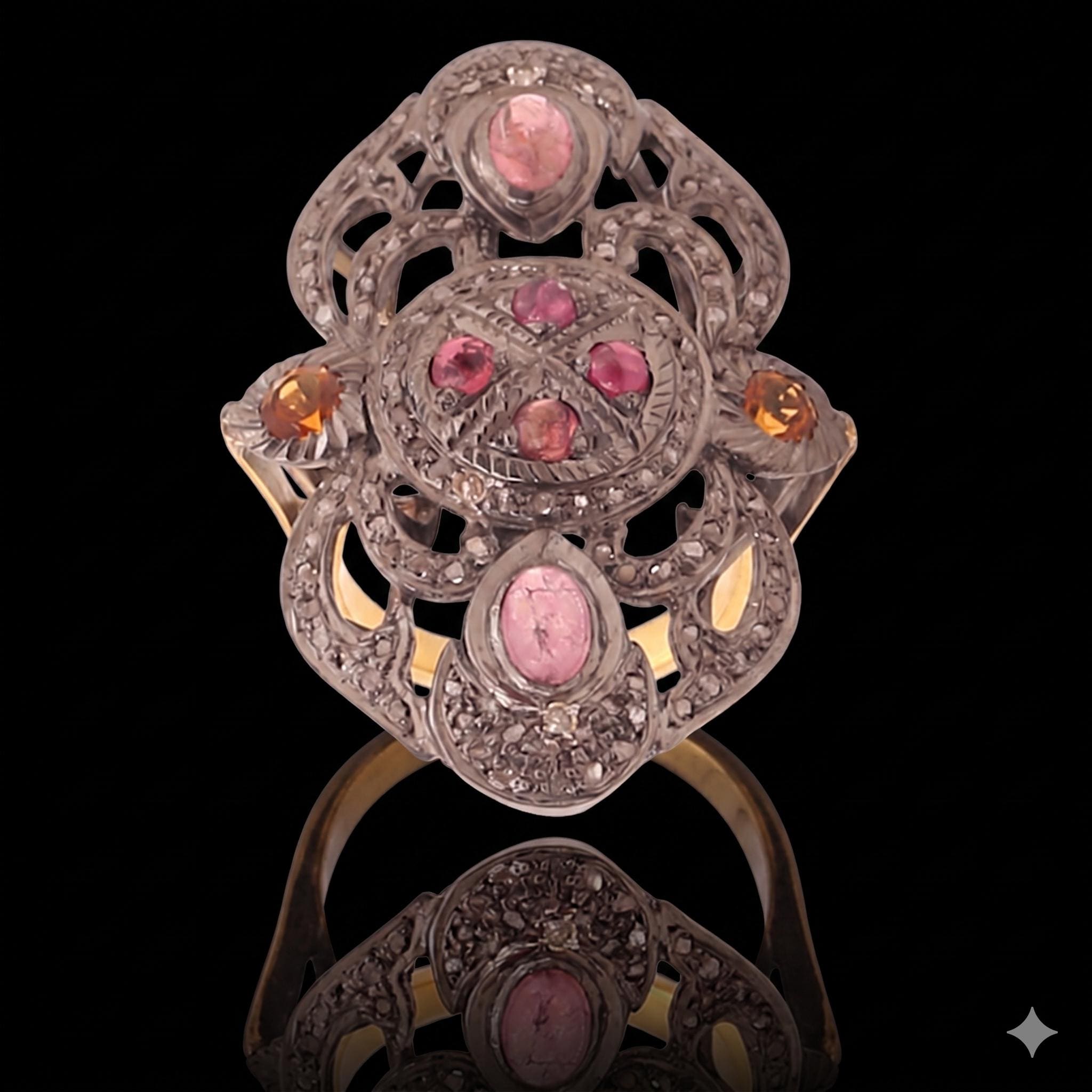 Yellow Sapphire and Ruby Polki Ring, 18k Silver & Sterling Silver Fashionable Victorian Statement Ring