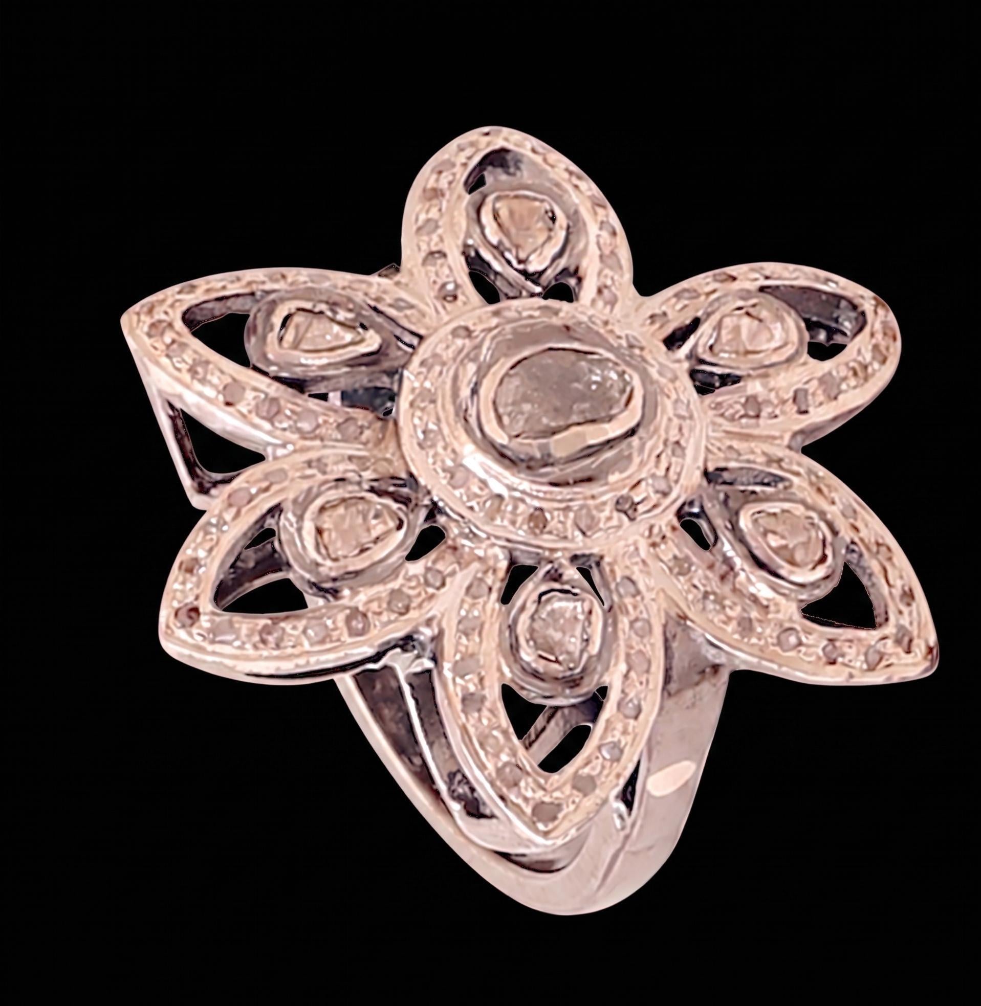 Victorian Rosecut Diamond Polki Ring, 925 Sterling Silver, Jadau Artistry