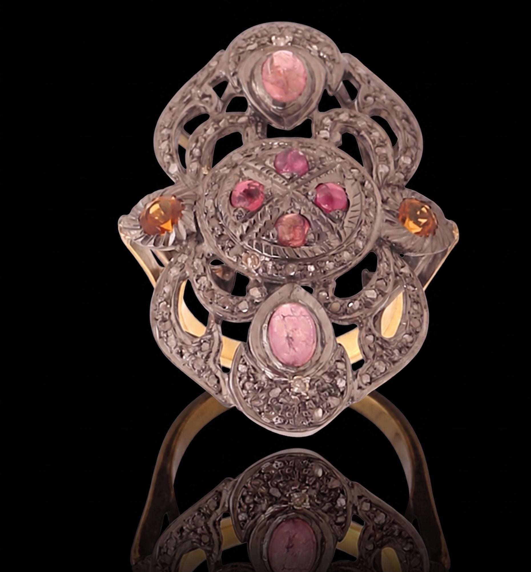 Yellow Sapphire and Ruby Polki Ring, 925 Sterling Silver Fashionable Victorian Statement Ring