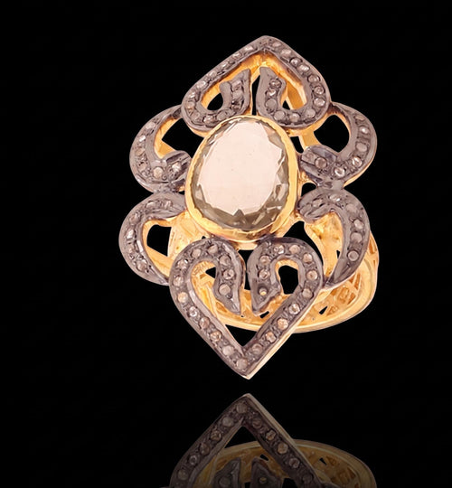 Exclusive Citrine & Diamond Polki Ring, 925 Sterling Silver Victorian Designing Ring